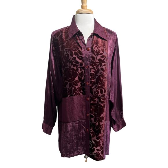 Burgundy Vintage Whimsigoth Tunic Top Button Down Burnout Velvet Satin Women XL - Picture 1 of 7